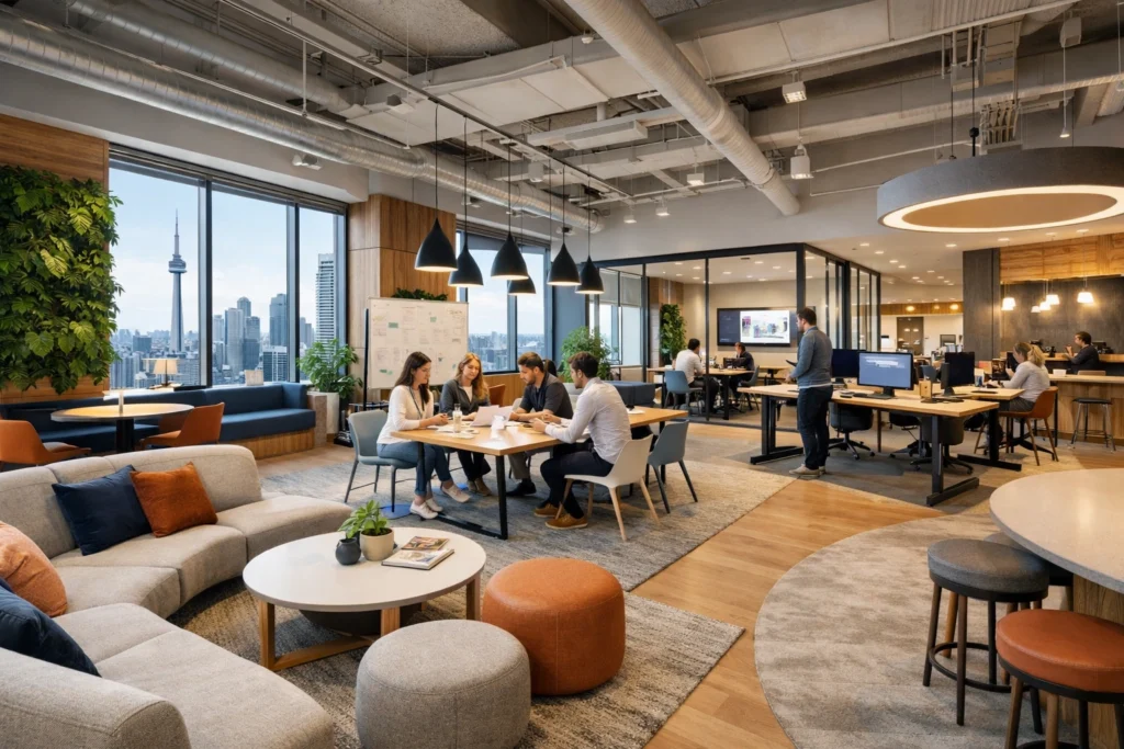 Modern Toronto office space interior showing flexible layouts and collaborative work areas in 2026 market