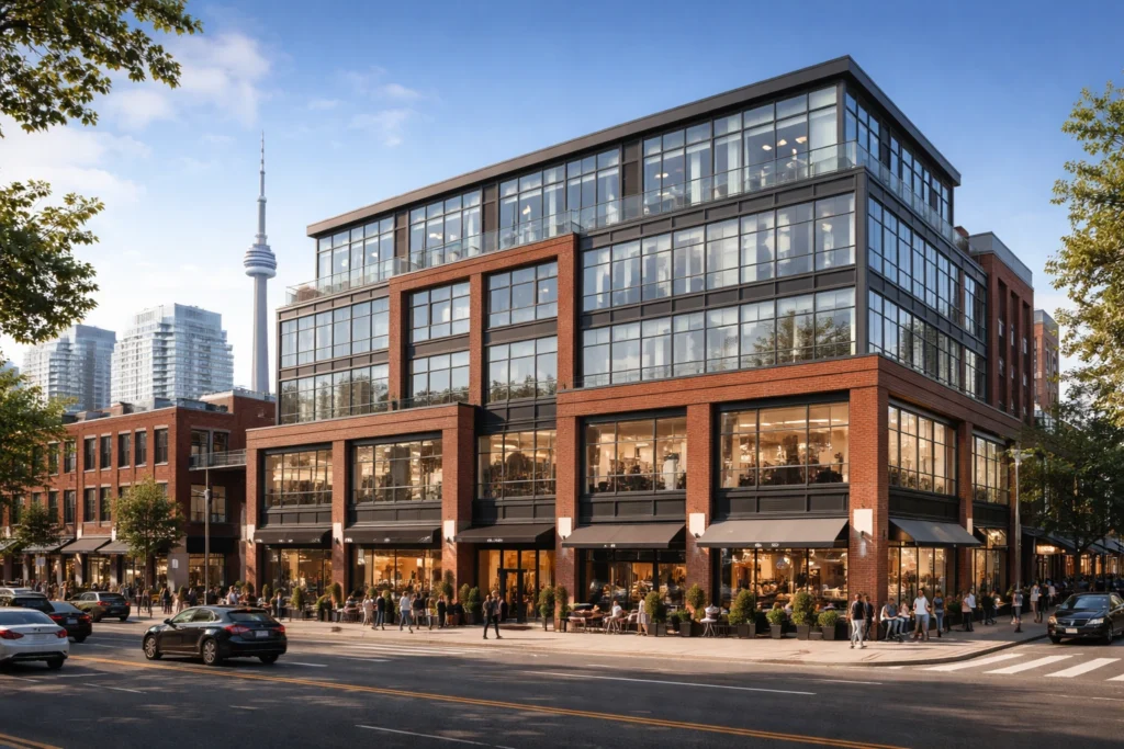 Toronto commercial investment property exterior showing mixed-use building with retail and office tenants