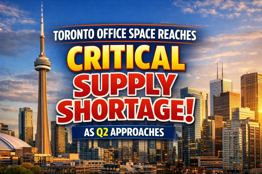 A busy downtown Toronto street showing high-rise office buildings with available commercial properties for lease in toronto.