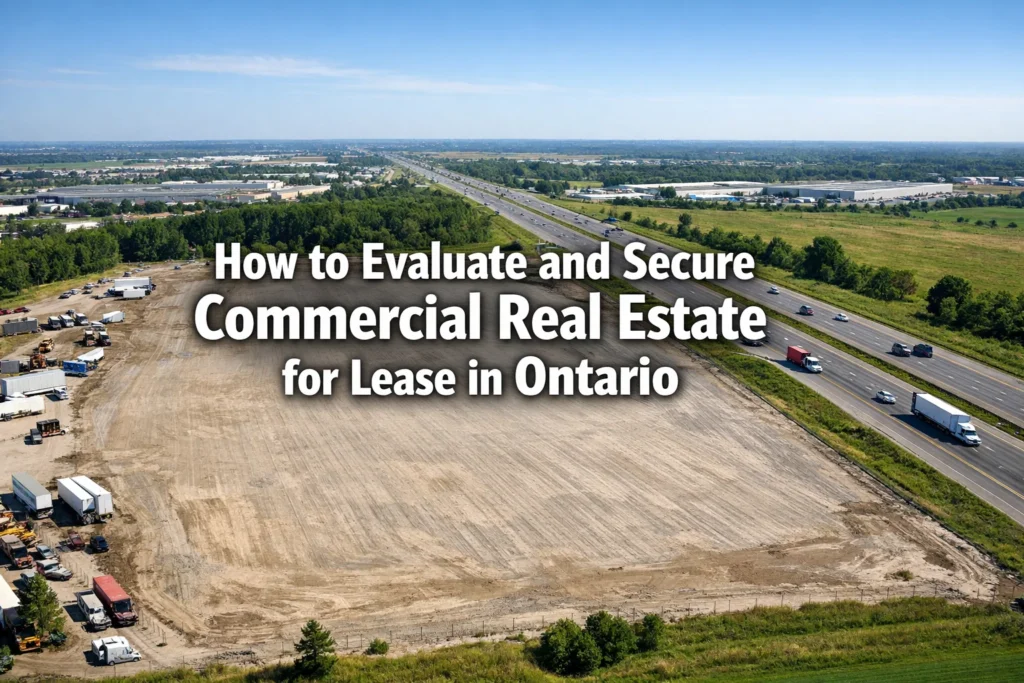 An aerial view of cleared commercial land for lease in Ontario, situated adjacent to a major 400-series highway and ready for industrial build-to-suit development or logistics parking.