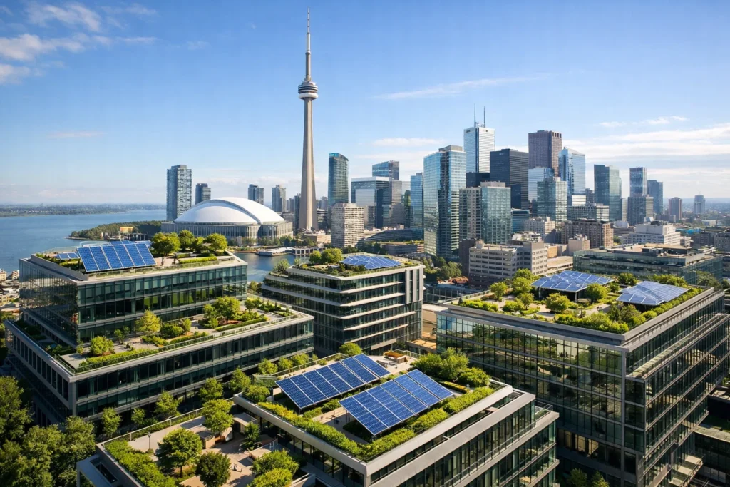 A modern Toronto skyline featuring eco-friendly commercial buildings with rooftop greenery and solar panels.