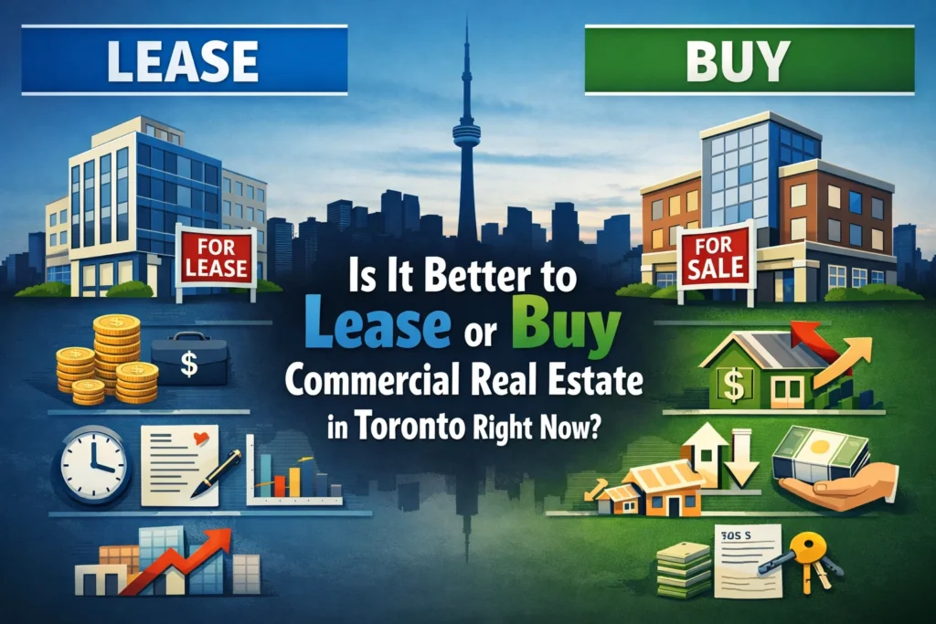 A side-by-side comparison chart evaluating the financial and operational differences between leasing and buying commercial real estate in the Toronto market.