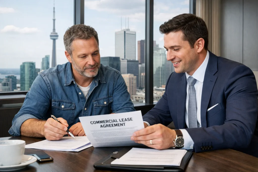 Toronto business owner reviewing a commercial lease agreement with a broker in a downtown office setting