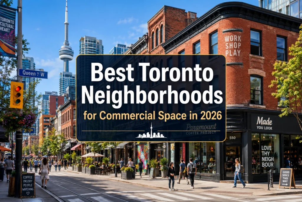 A vibrant commercial street corner in downtown Toronto featuring retail storefronts and low-rise brick office buildings.