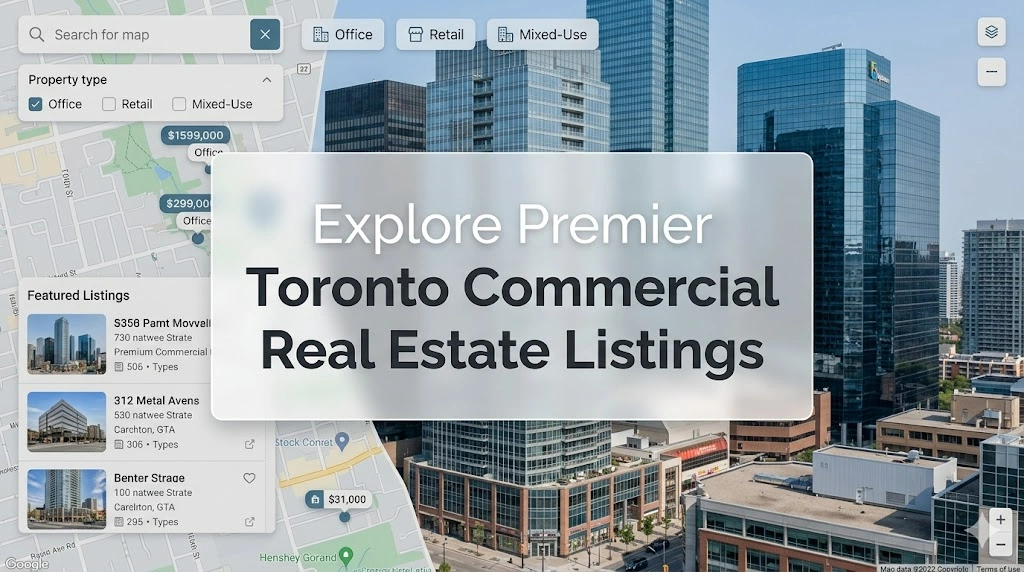 A clean, modern searchable map interface overlaying a high-resolution photo of premium commercial retail and office buildings in the Greater Toronto Area. add text middle center