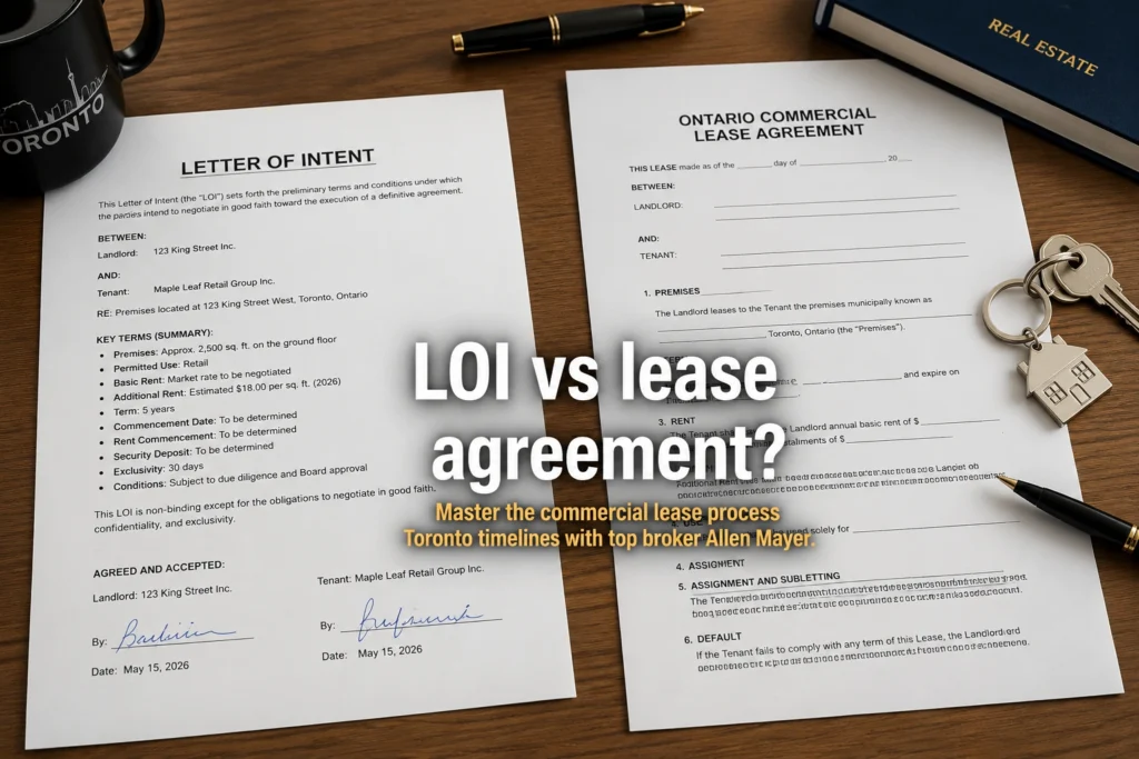 loi vs commercial lease agreement ontario - A signed letter of intent resting next to a formal Ontario commercial lease agreement document on a wooden desk.