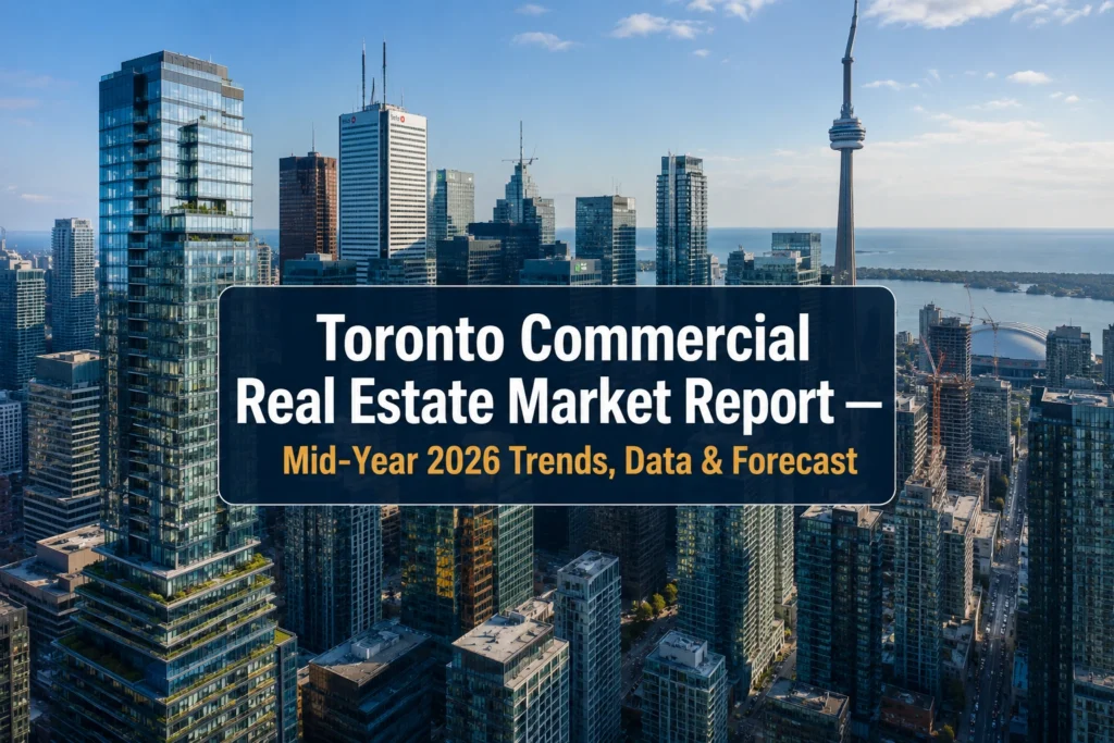 A high-altitude skyline view of downtown Toronto’s financial core towers, highlighting new commercial office and mixed-use developments.