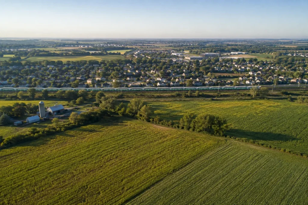 Farmland near Stouffville with a GO train and growing community beyond