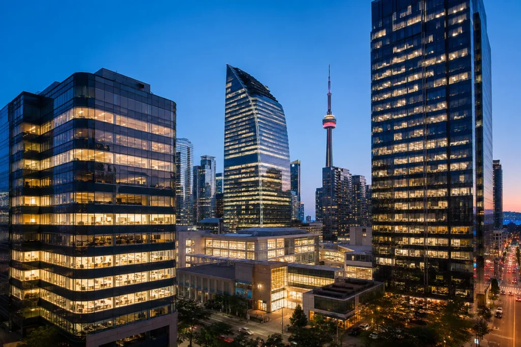 Illuminated Class A office towers in downtown Toronto at blue hour